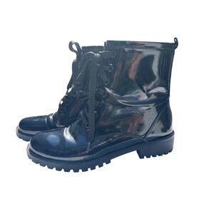 Bloom Black Patent Faux Leather Lace Up Side Zip Lug Sole Combat Boots Size 38